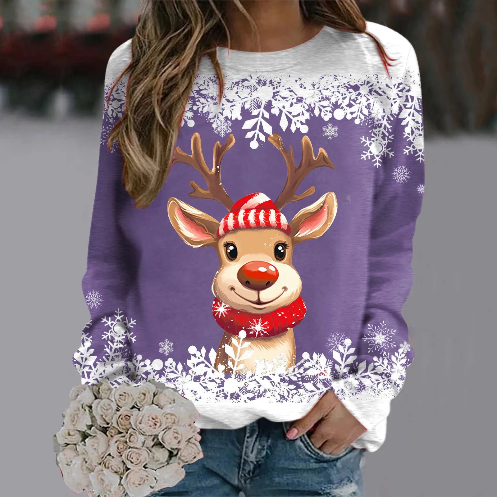 Teen Girls Long Sleeve Crewneck Sweatshirt Sweaters For Women Christmas Cute Reindeer Graphic Xmas Shirts Fleece Clothes Women