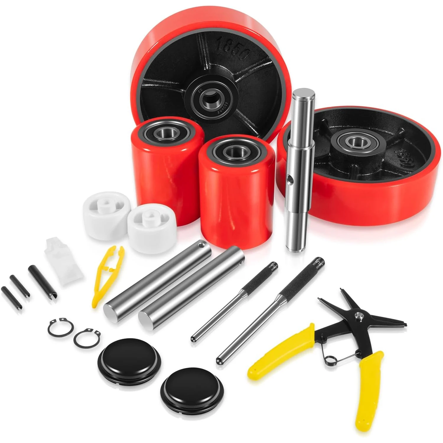 

Pallet Jack Truck Wheels Replacement Kit, 7''x2'' Steering Wheels and 3''x 3.75'' Front Load Roller, 20mm Bearings
