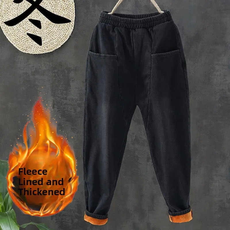 

Утепленные джинсы свободного кроя для женщин, джинсовые брюки с высокой талией, длинные брюки в стиле Харадзюку, черные