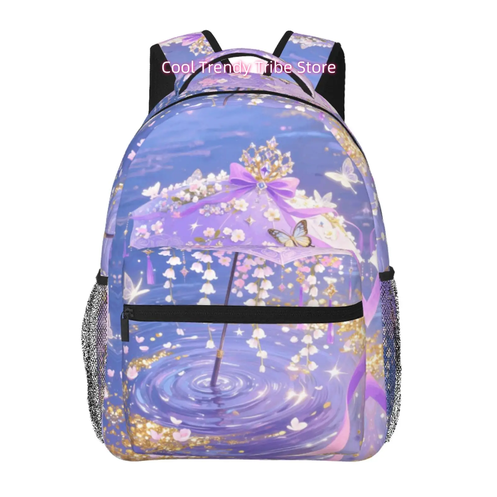 Enchanted Purple Umbrella with Flowers and Butterflies Print Backpack, High Quality Oxford Cloth, Adjustable Shoulder Straps, fo