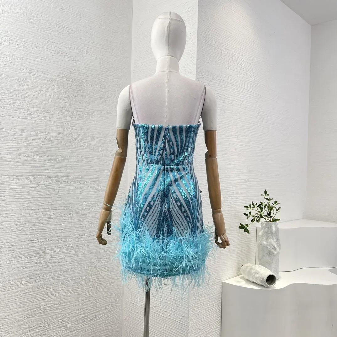 2024 New Feathers Hot Sexy Popular Blue Sequined Diamonds Tube Mini Feather Women’s Dresses for Party