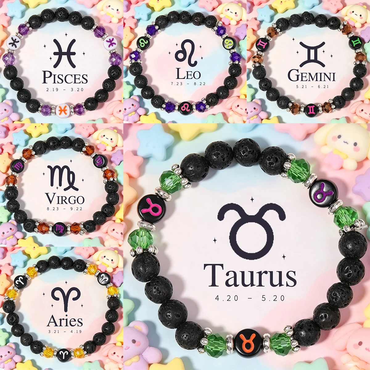 Natural stone volcanic stone 6mm round bead children's bracelet 12 zodiac signs Leo Taurus birthday gift waterproof jewelry
