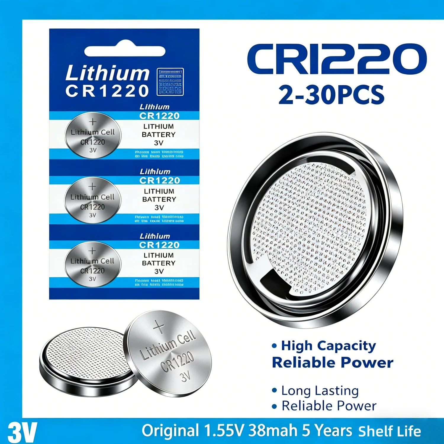 2-30Pcs CR1220 3V Lithium Button Coin Cell Battery BR1220 DL1220 For Car Key Fob Remote Control Watch Toy Electronic Device