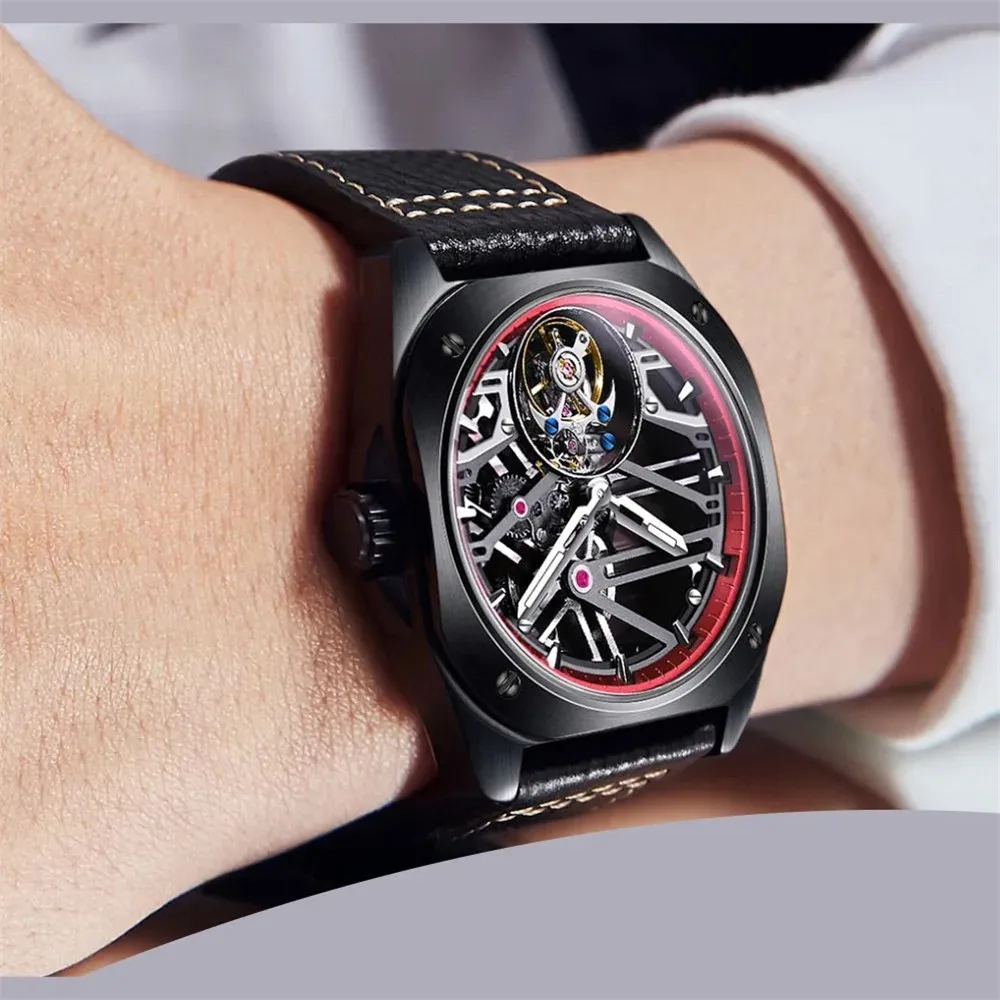 AESOP Men's Luxury Skeleton Mechanical Wrist Watch Hand Wind Waterproof Stainless Steel Luminous Sapphire Square Case Tourbillon