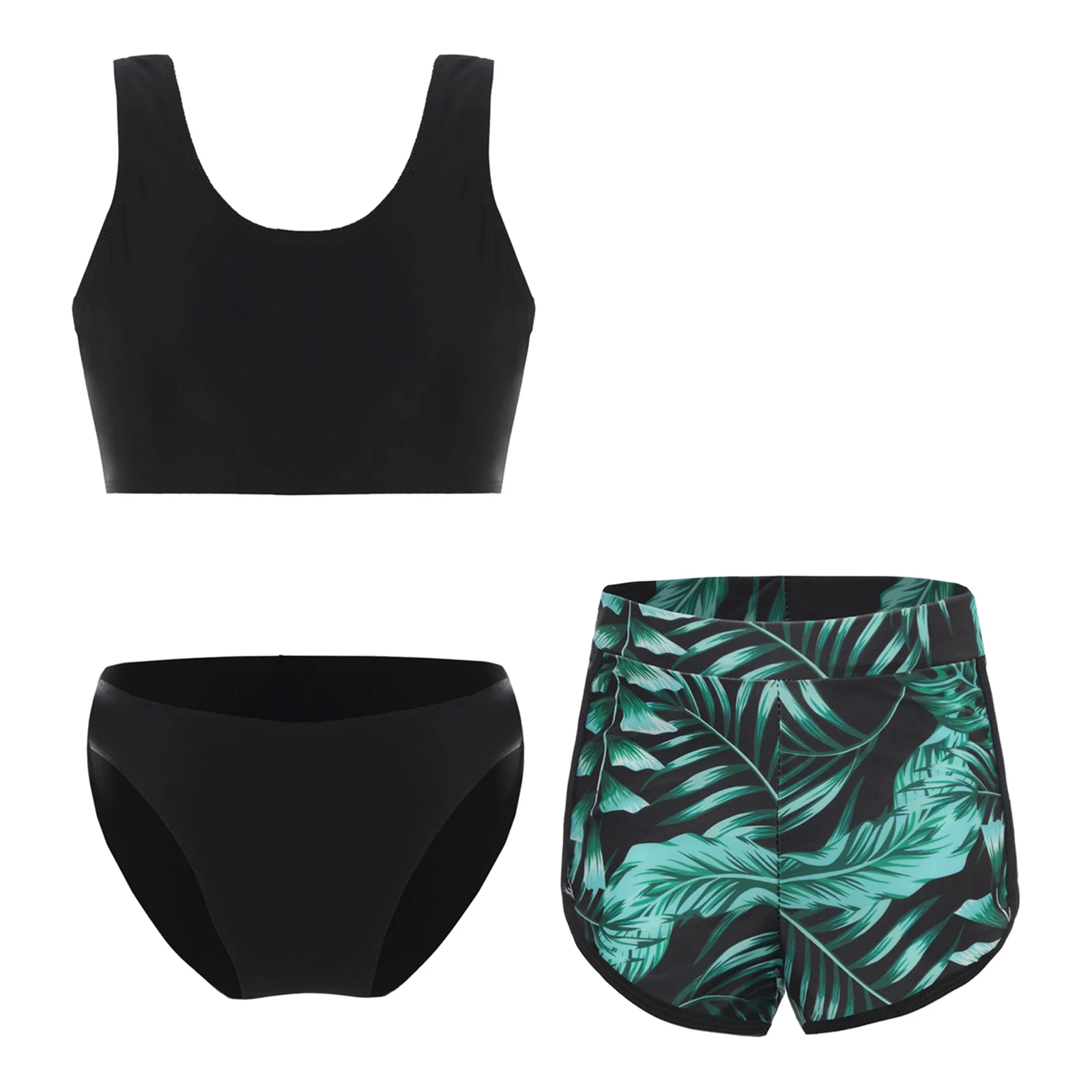 Girls Summer Beach Swimsuit Black Vest Chest Pads Tank Top Wear Bathing Suit Bottoms Shorts Outfit Tropical Print Swimwear Set