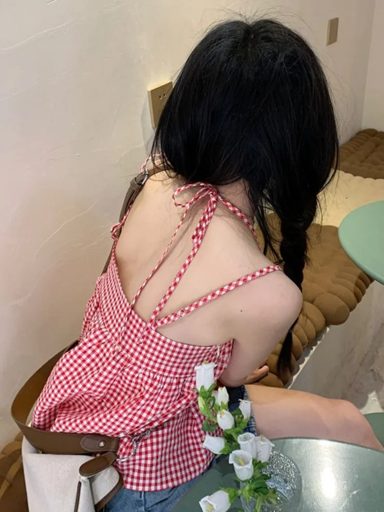 Red Plaid Camisole Women Backless Hotsweet Bandage All-match Loose College Personality Chic Summer Korean Style Fashion Ulzzang