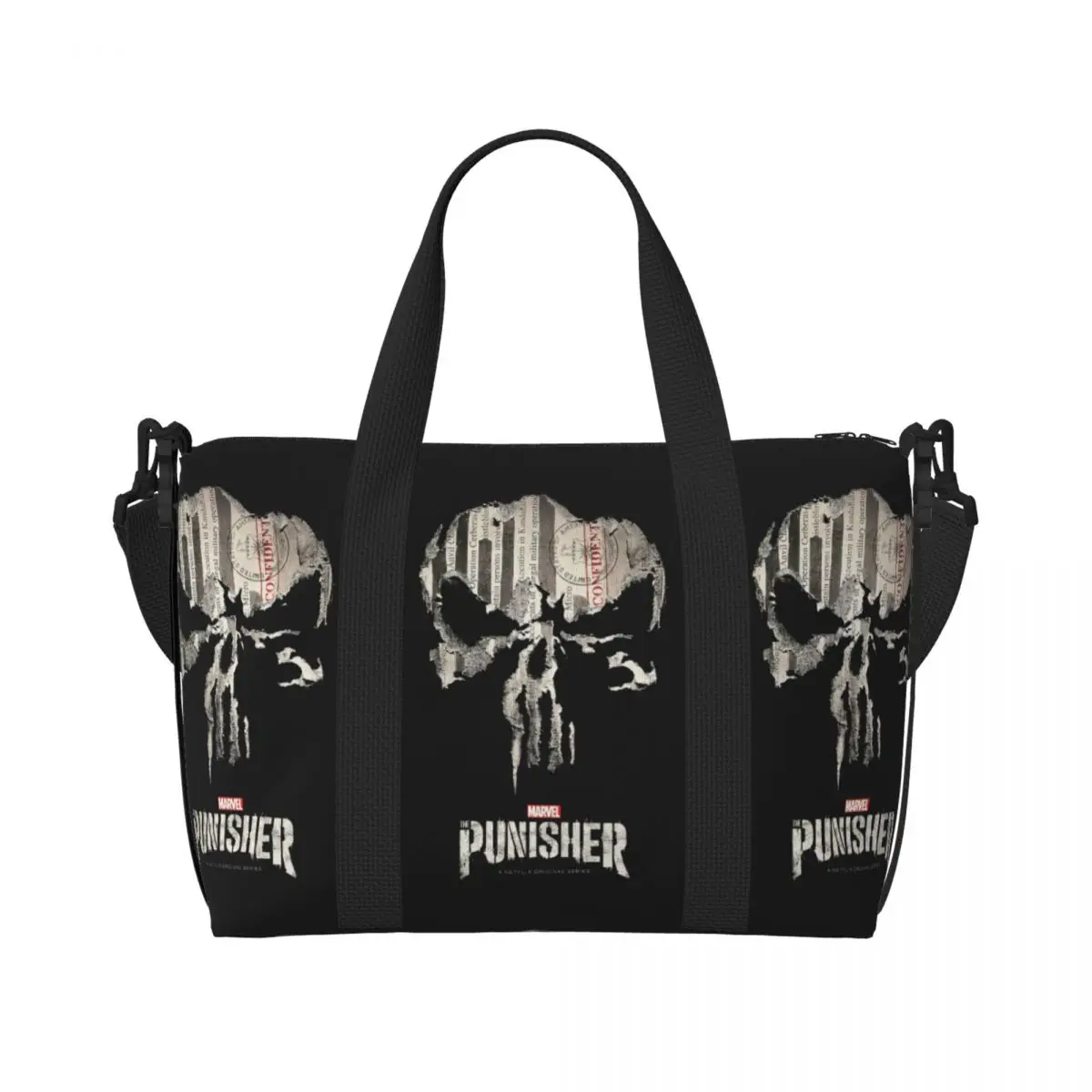 

Custom Punisher Skull Symbol Groceries Shopping Tote Bag Women Big Capacity Cartoon Design Beach Gym Travel Bags