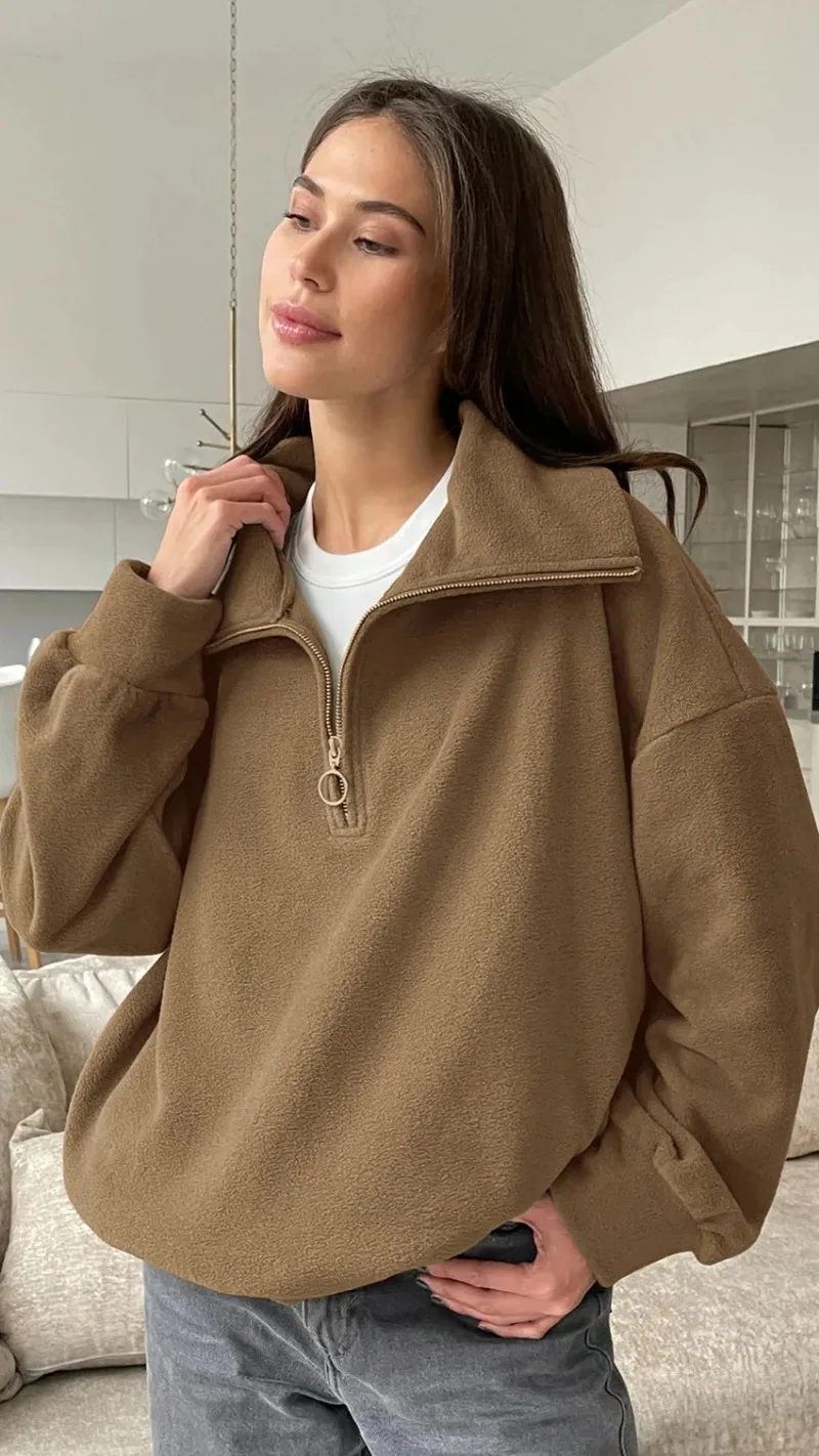 2025 autumn/winter lazy style knitted lamb cashmere beige loose casual hoodie cross-border versatile lapel sports women's top