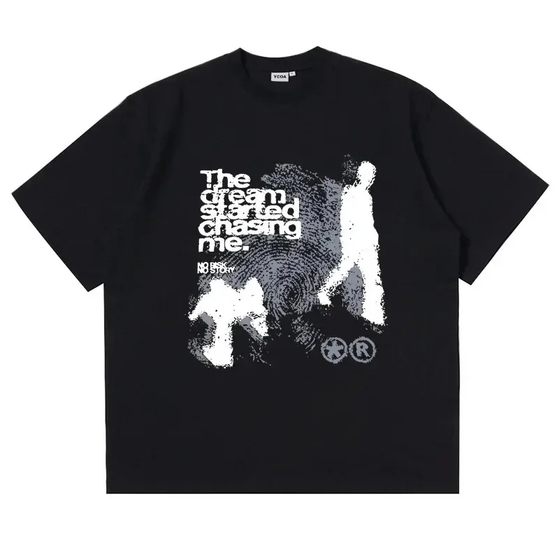 Grunge Fingerprint Background Two Walking Figure Silhouette Quote Graphic T Shirt Text Collage Print Oversized Short Sleeve Tee