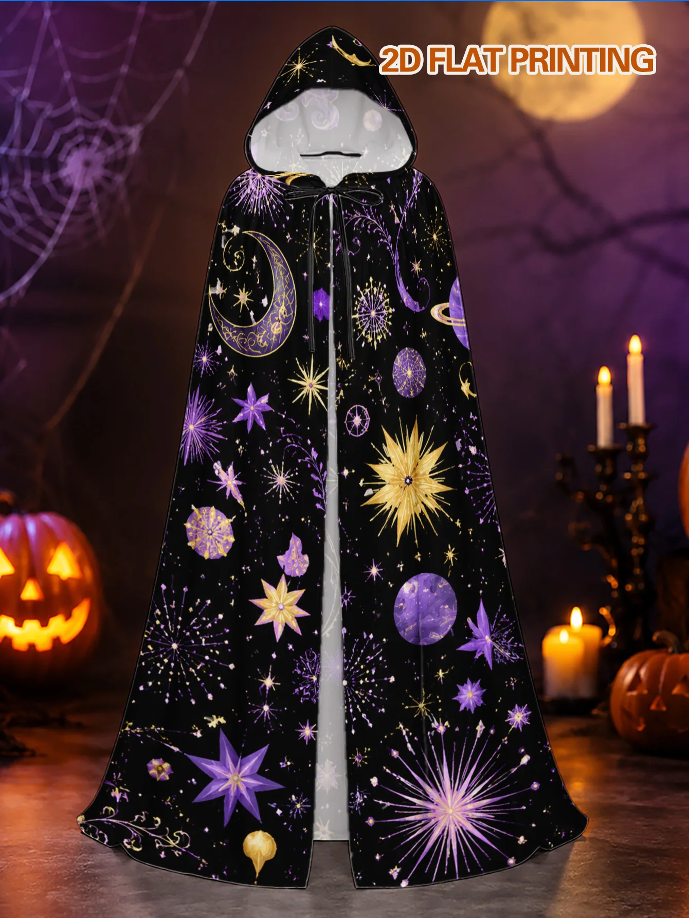 1pc Full-Length Cloak with Celestial Stars And Planets Elements, Perfect for Halloween Witch Roleplay And Christmas Elf Dress-Up