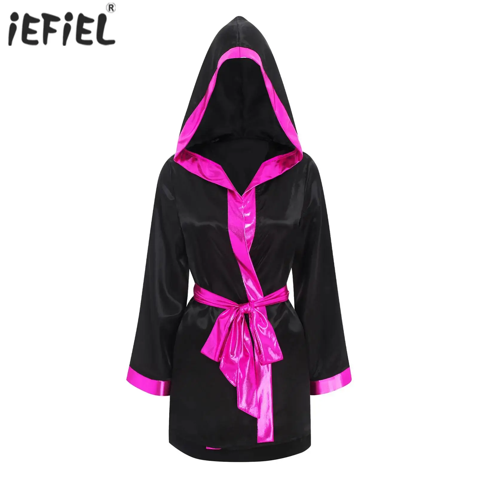 

Women Carnival Cosplay Costume Satin Boxing Cloak with Belt Shorts Tank Tops with Skirt Hooded Robe And Belt Set Boxer Outfit