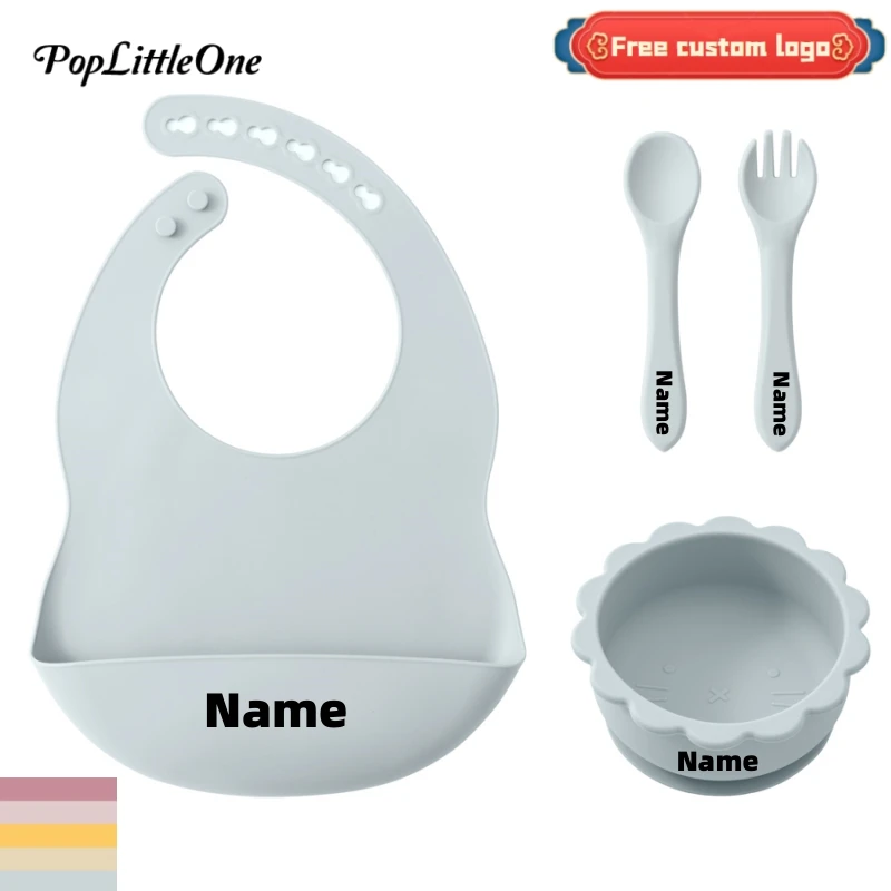 

Customized Name 4PCS Baby Silicone Tableware Set Soft Spoon Fork Waterproof Baby Bibs Cartoon Shape Sucker Bowl Baby Dinner Set