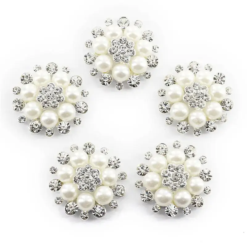 10pcs Faux Pearl Flower Buttons Embellishments for Craft Shank Clear Rhinestone Buttons Sewing Craft Beads for Clothes (Silver)