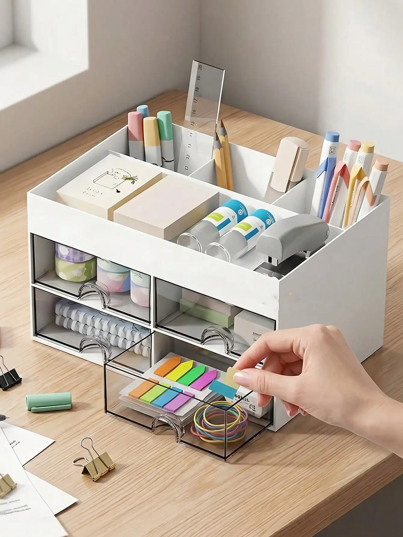 1pc Mini Desktop Organizer With 4 Drawer, Multi-Functional Pencil Pen Holder For Desk, Simple And Creative Stationery & Office Supplies Storage Box For School, Office, Dorm, Multi-Compartment Organizer, Makeup Organiser