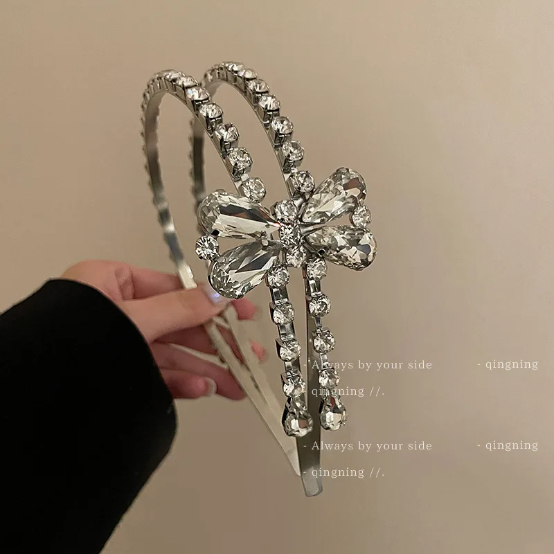Double Layer Bow Rhinestone Headband for Women  Diamond Sparkling Fashion Unique Ethereal Daily Hair Hoop Accesorios