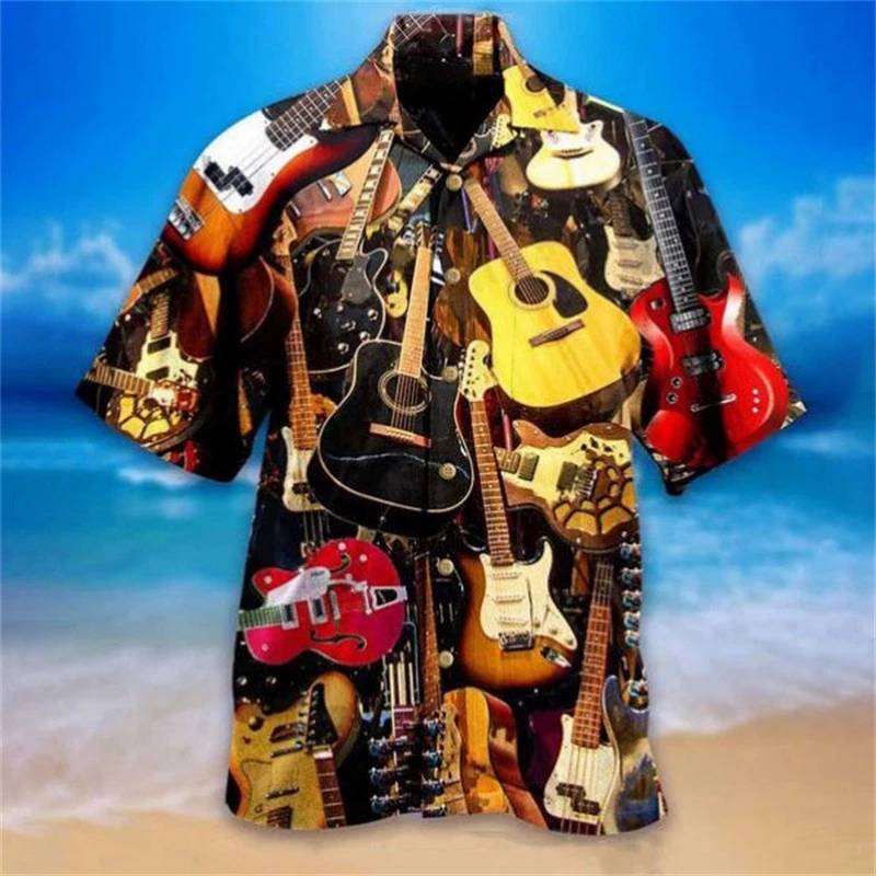 Men\'s casual shirts 3D guitar printed shirt Men\'s Hawaiian shirts 2023 Beach shirts Short sleeved shirt Summer lapel shirts Boys