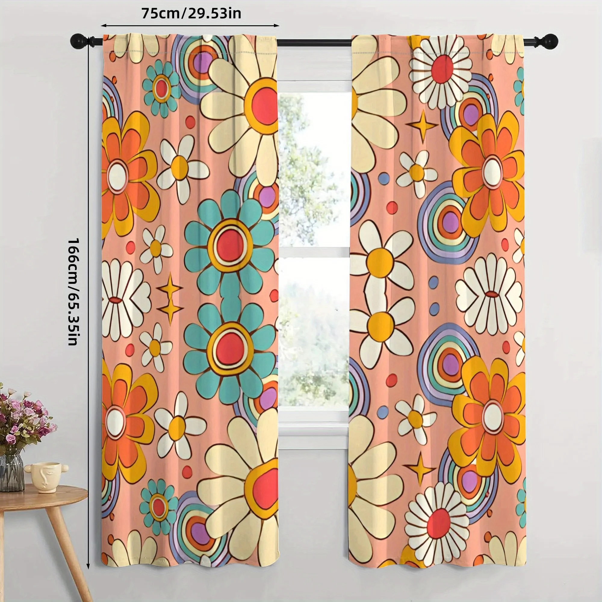 Bright Floral Print Curtains Polyester Window Drapes for Living Room Bedroom Boho Style Home Decor Privacy Shades