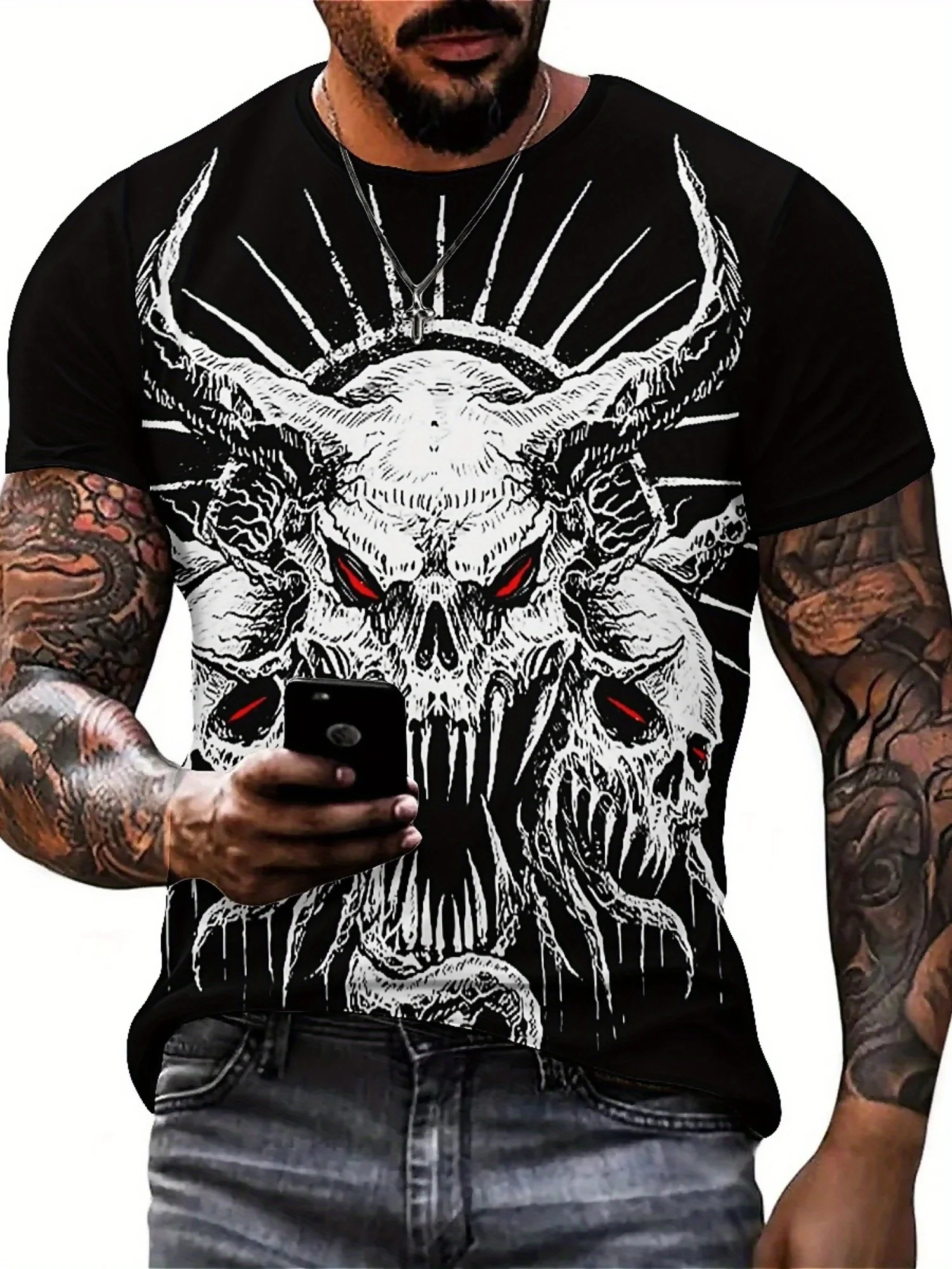 Camiseta masculina com estampa de caveira gótica do diabo – design de arte rock preto e branco, manga curta, poliéster, festa ouda