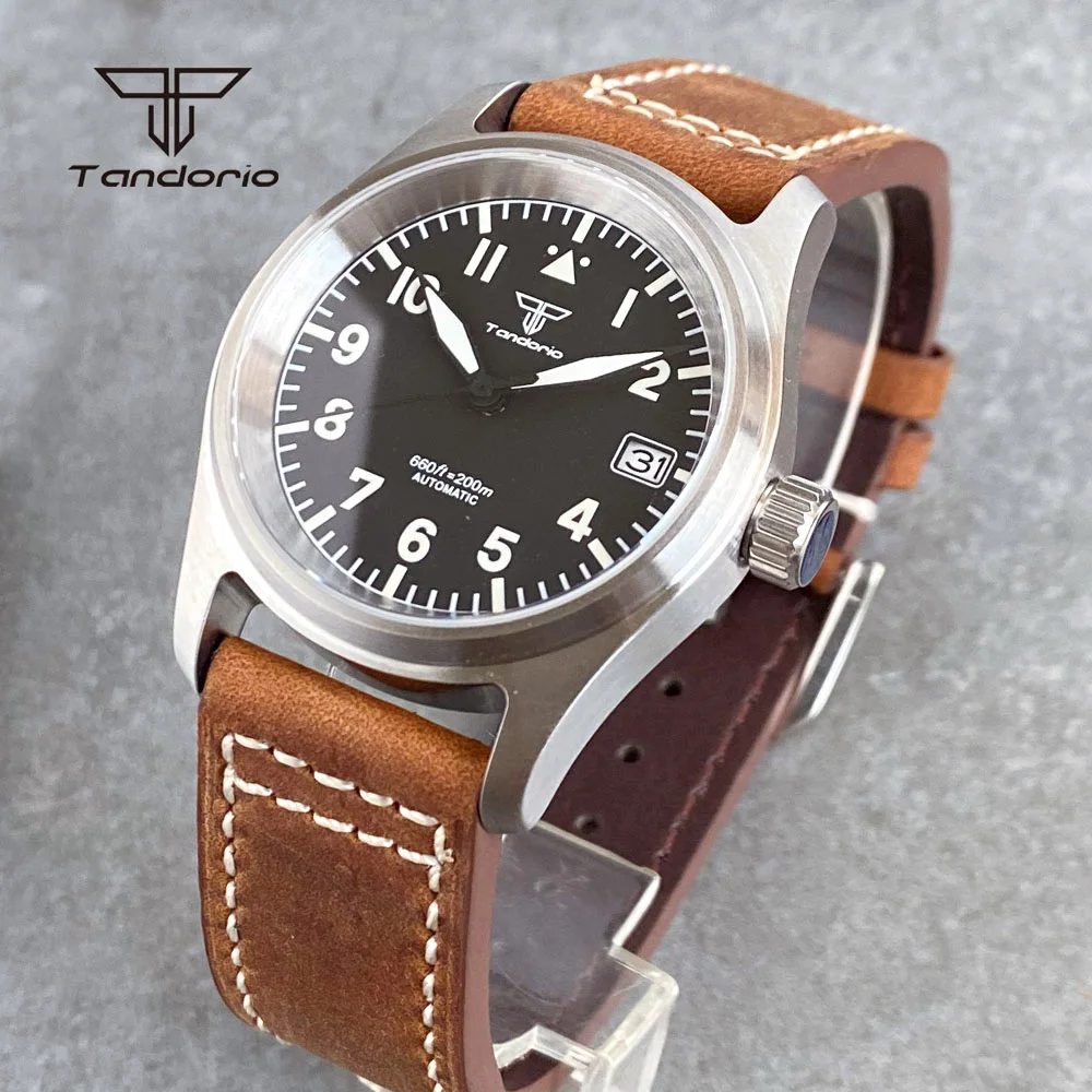 Tandorio Steel 36mm Pilot Men Automatic Watch Aviator Date NH35A Simple Dive Mechanical Field Wristatch 20BAR Luminous Leather