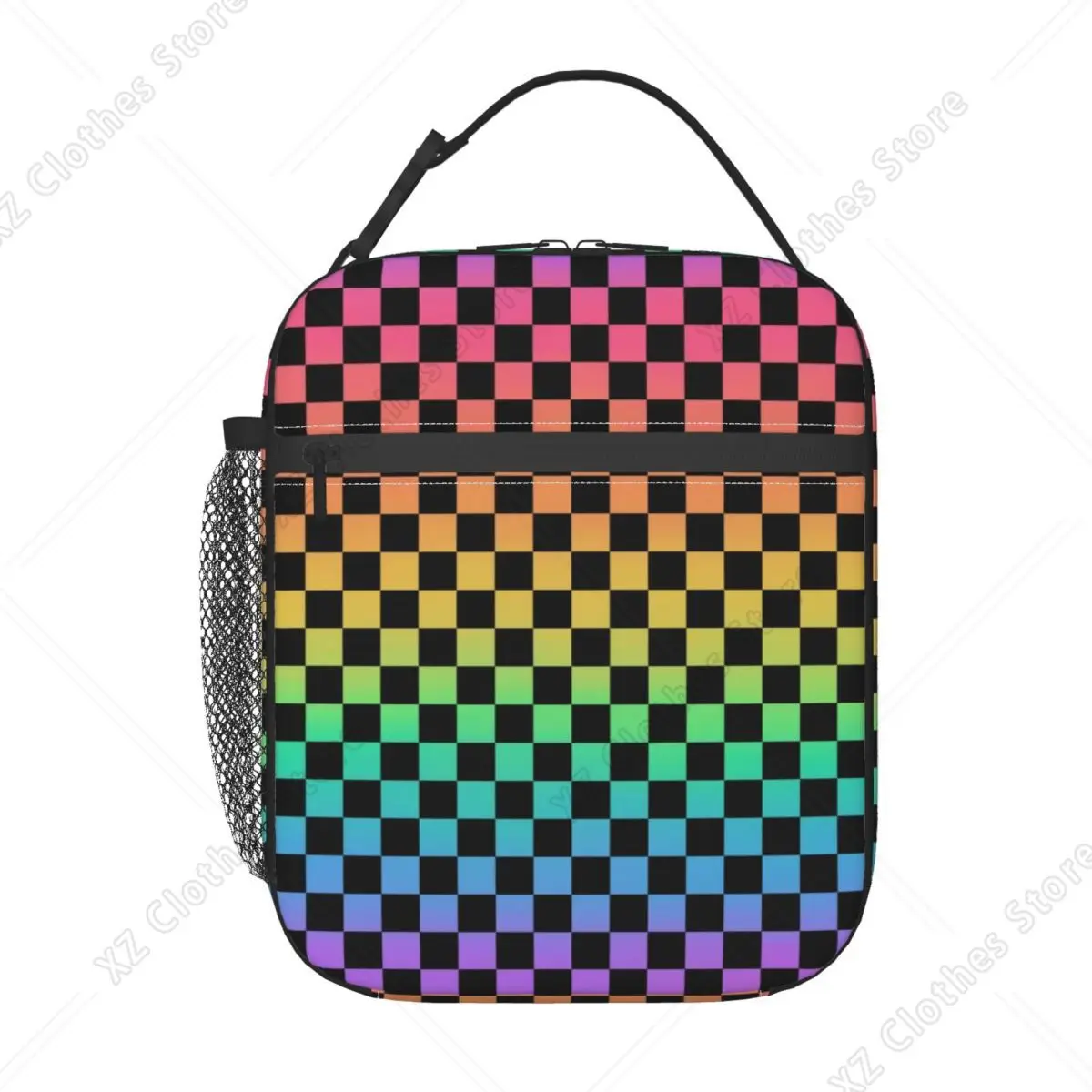 Rainbow Checkers Checkerboard Portable Lunch Boxes Women Multifunction Thermal Cooler Food Insulated Lunch Bag School Children