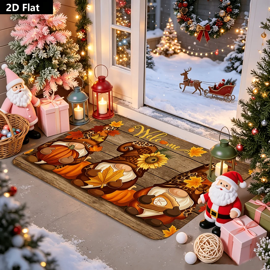 Autumn Gnomes Fall Leaves Door Mat, 2D Flat Sponge Floor Mat, Harvest Pumpkin & Sunflower Decor for Kitchen, Bathroom, Entryway