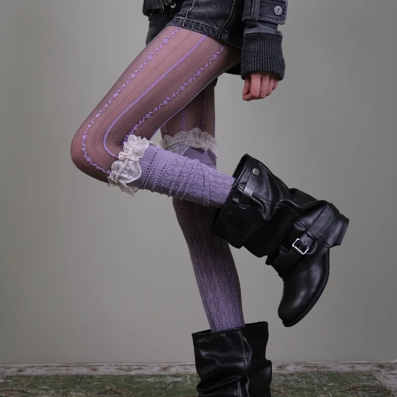 2026 New Vintage Purple Striped Mesh Tights with Lace Trim Calf Socks Set, Autumn Winter Academia Layered Stockings for Women
