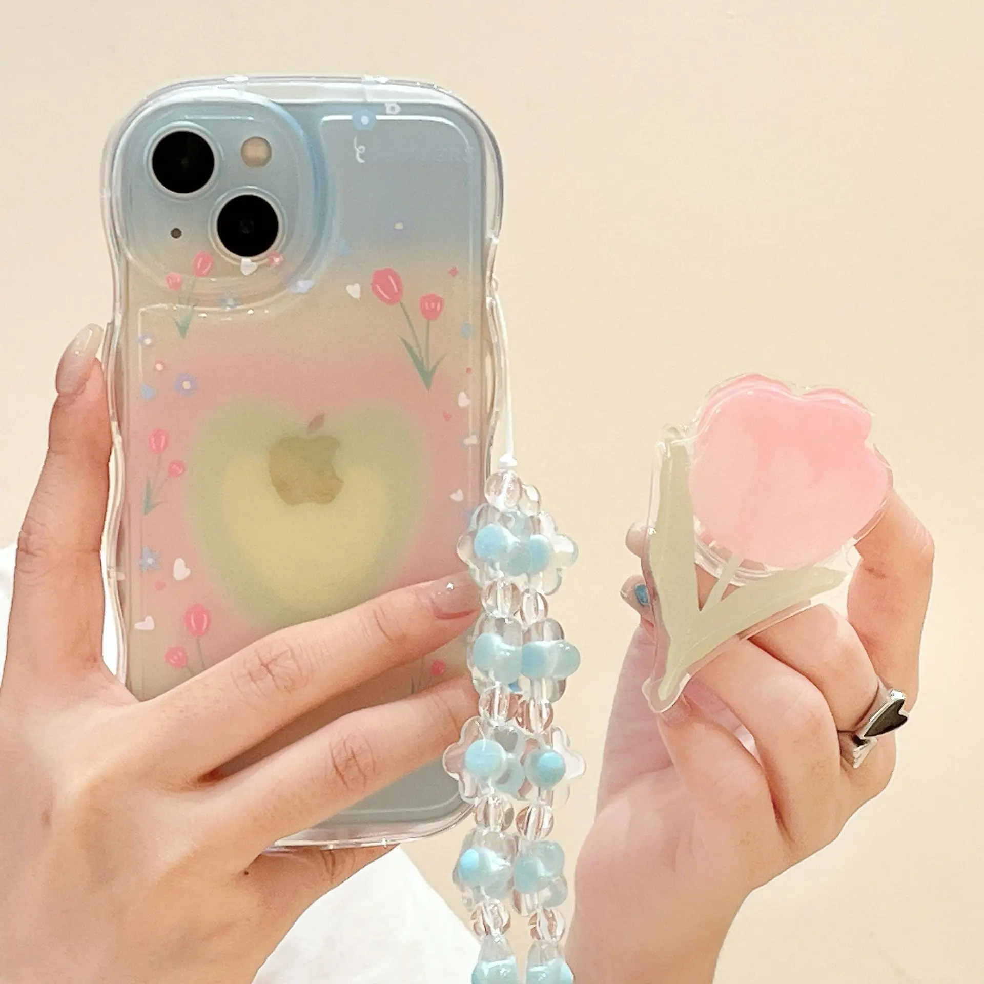 Casing ponsel untuk Iphone 15 14 13 12 11pro Max cinta braket sabuk biru bunga gelang penutup pelindung untuk Iphone 15 14 Plus Xs Max