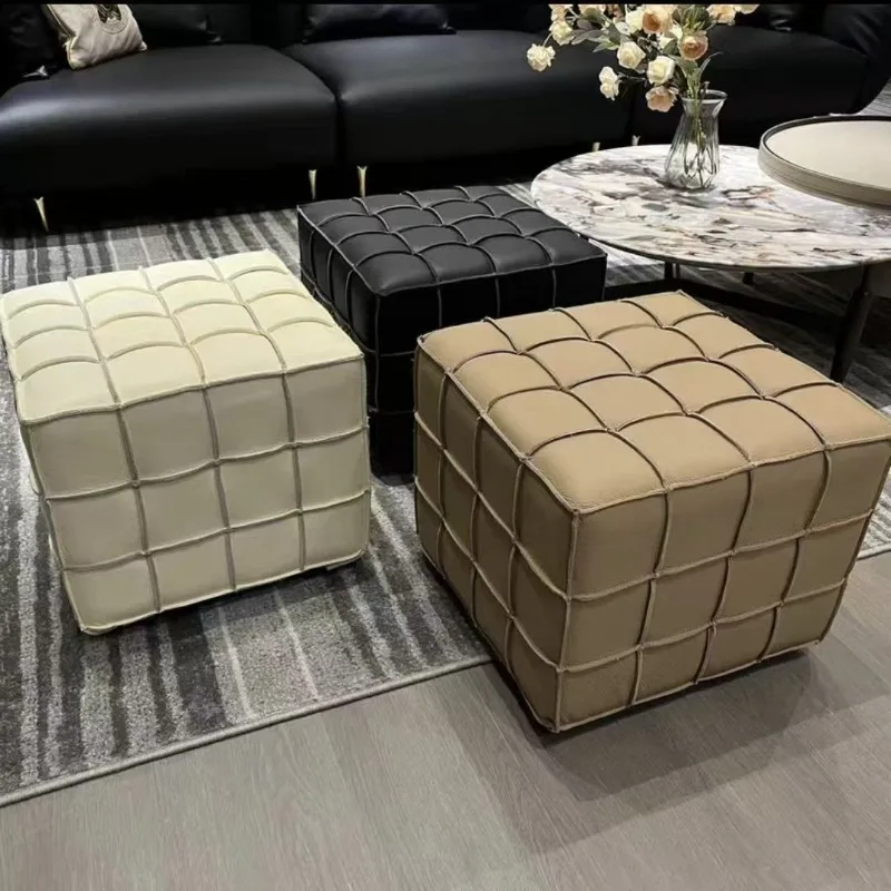 Leather cowhide living room stool solid wood sofa shoe Rubik's cube stool manicure high-grade Internet