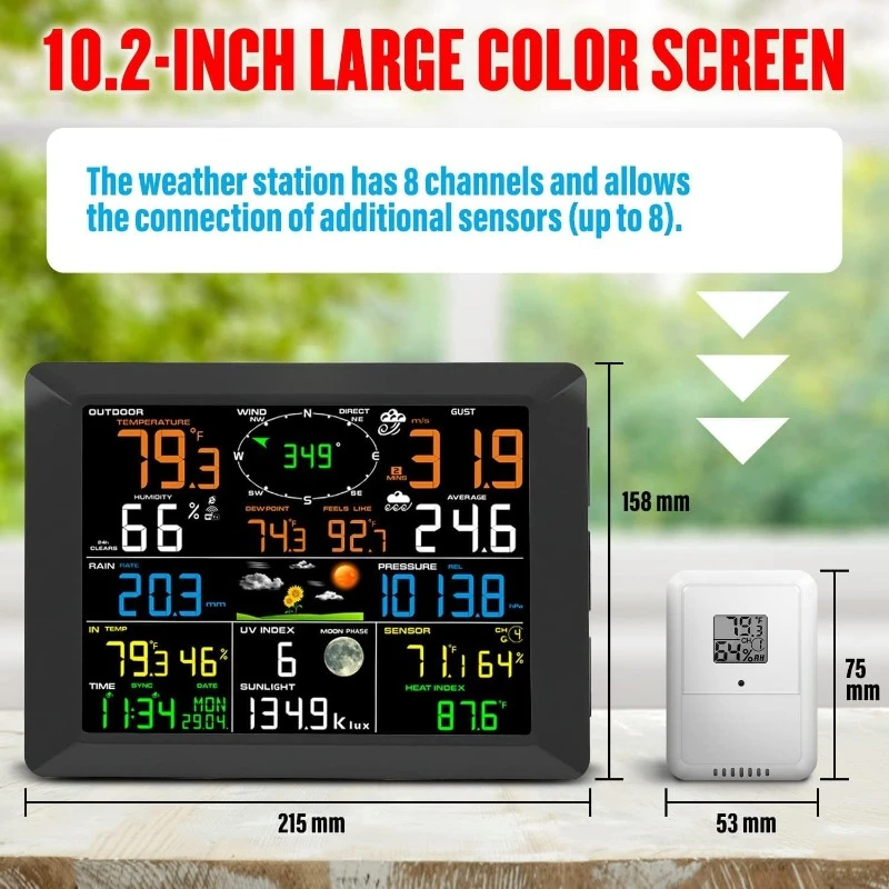 WiFi Smart Weather Station with Outdoor 7-in-1 Sensor, Internet Wireless Weather Station Remote Monitoring System,