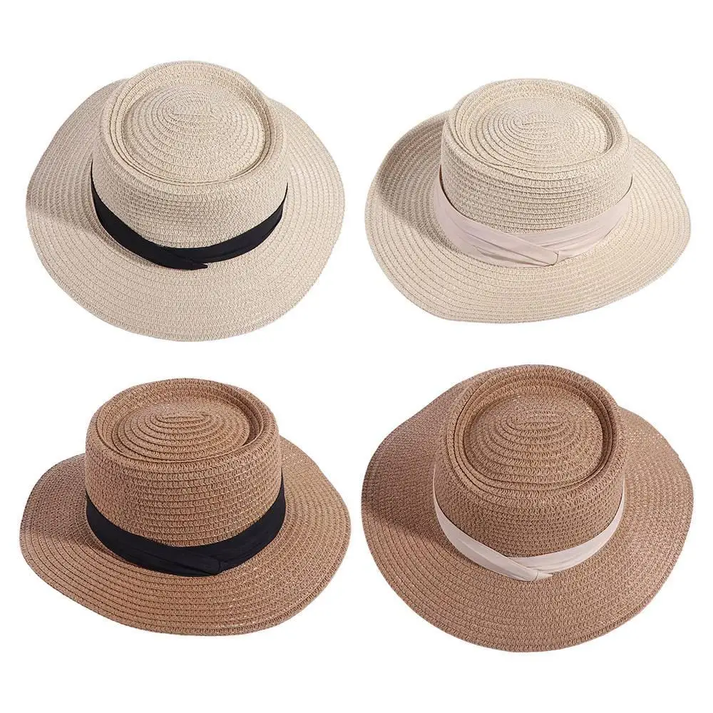 

Retro Korean Style Straw Woven Hat Flat Brim Wide Brim Sunscreen Bucket Hat Sunshade Concave Top Women's Sun Hat Spring Summer