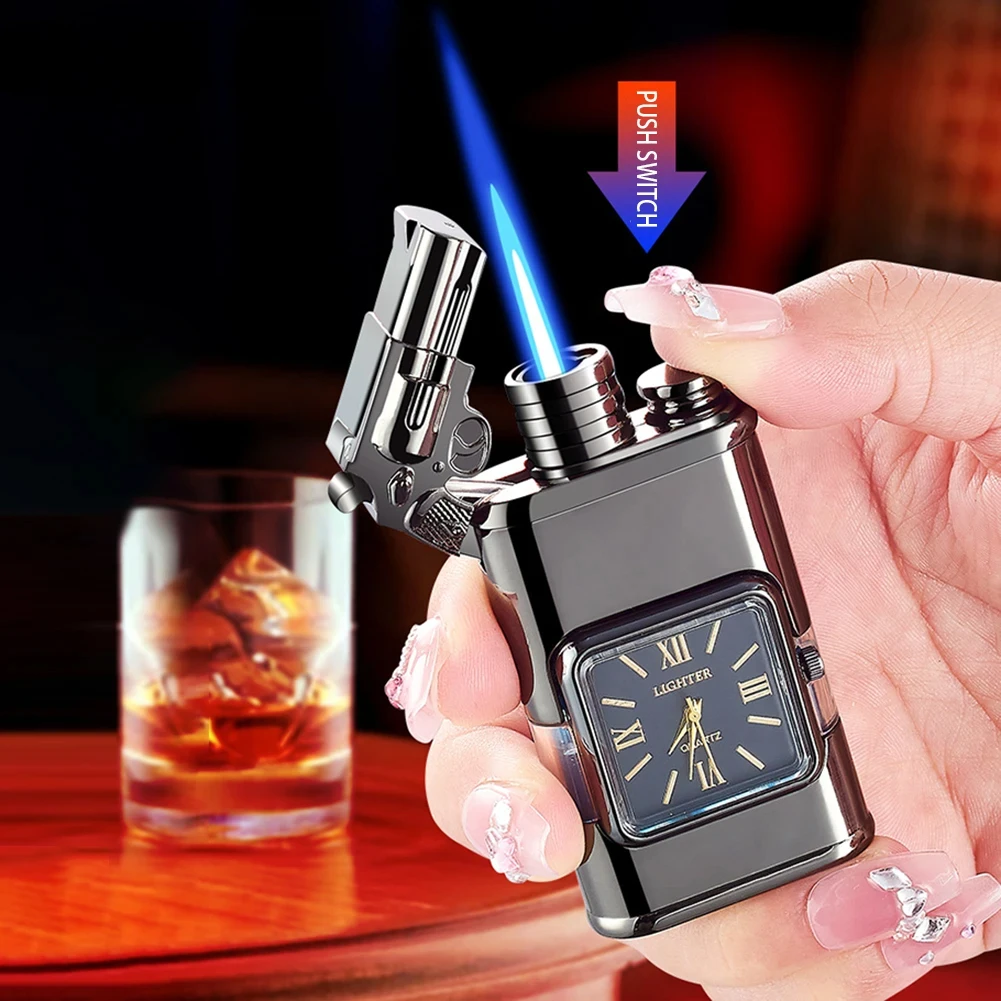 New Faucet Direct Windproof Blue Flame Double Flame Lighter With Watch Portable Inflatable Torch Cigarette Lighter Smoking Gift