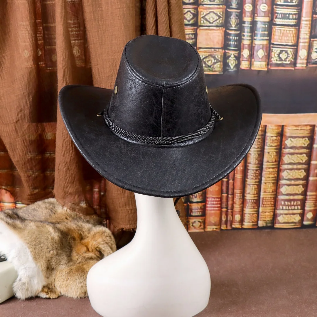 Vintage Faux Leather Big-edge Western Cowboy Hats Panama Gentleman Cowgirl Jazz Hat Holidays Party Cosplay Hat image 6