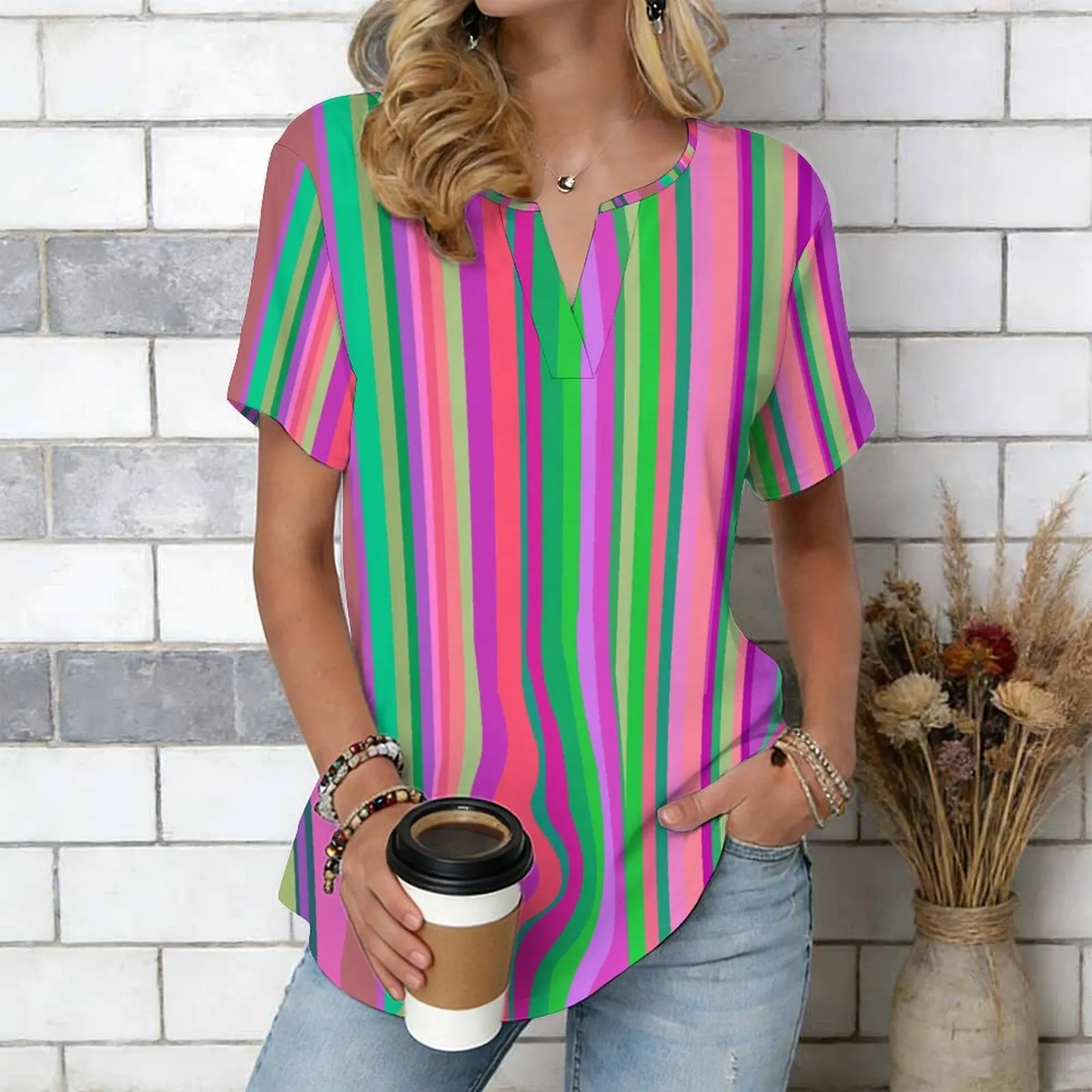 Women Print Notched V Neck Short Sleeve Casual Loose Tunic Tops