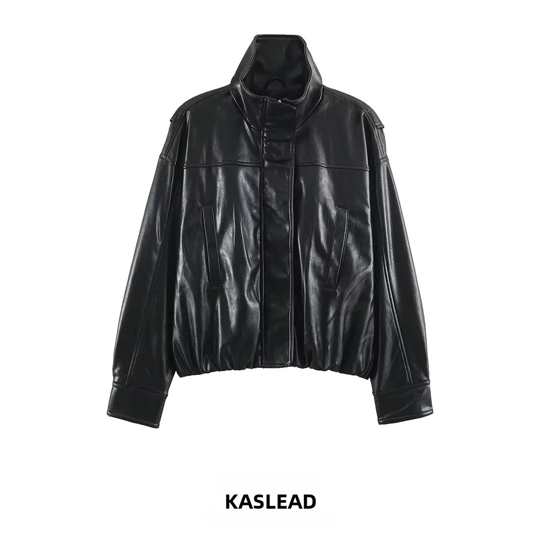 KASLEAD New Women's High-End Leather Effect Pilot Jacket Short Sleeve Long Coat Polyester Fiber 100% Autumn Season Fashion