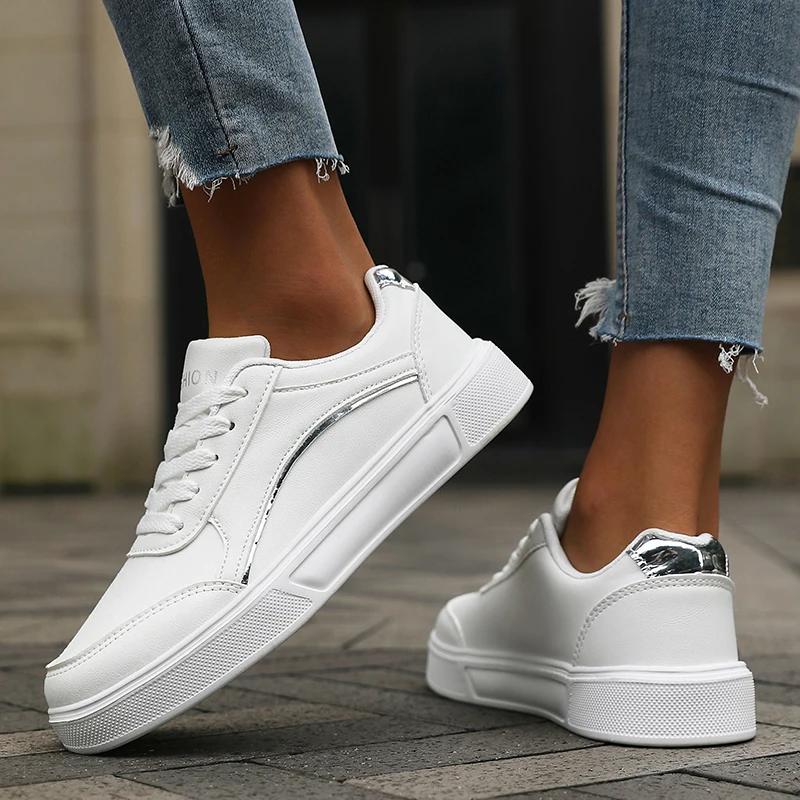 Women's Casual White Sneakers Chic Silver Trim Soft Lining Non Slip Shoes New Minimalist Design PU Leathe Skate Shoes for Women
