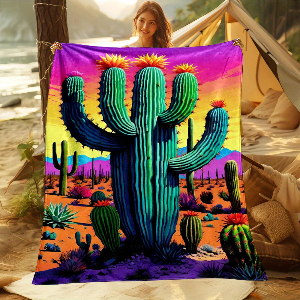 

Cozy Cartoon Cactus Print Flannel Throw Blanket - Soft, Reversible, All-Season Comfort for Bed, Sofa, Camping & Travel - Machine