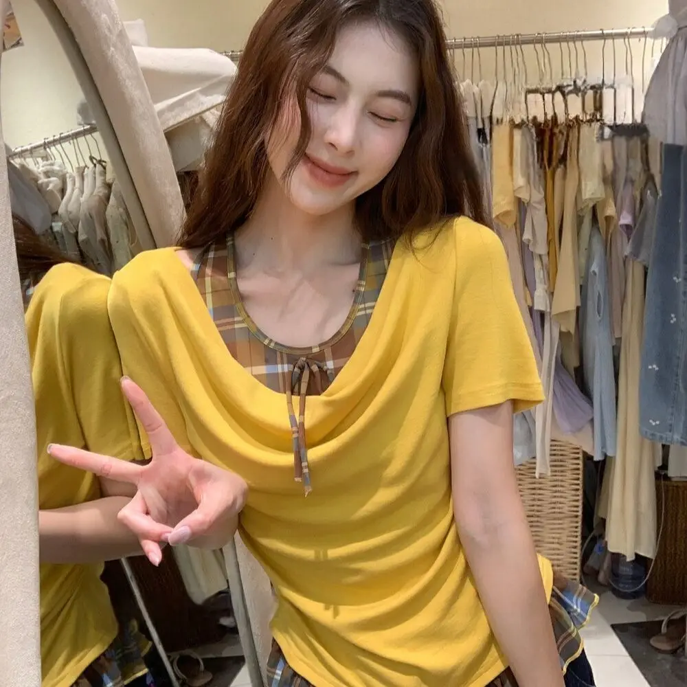 Plaid Patchwork Fake Two-piece Short-sleeved T-shirt for Women Summer Fashion Versatile Beautiful Waist-cinching Blouse Top