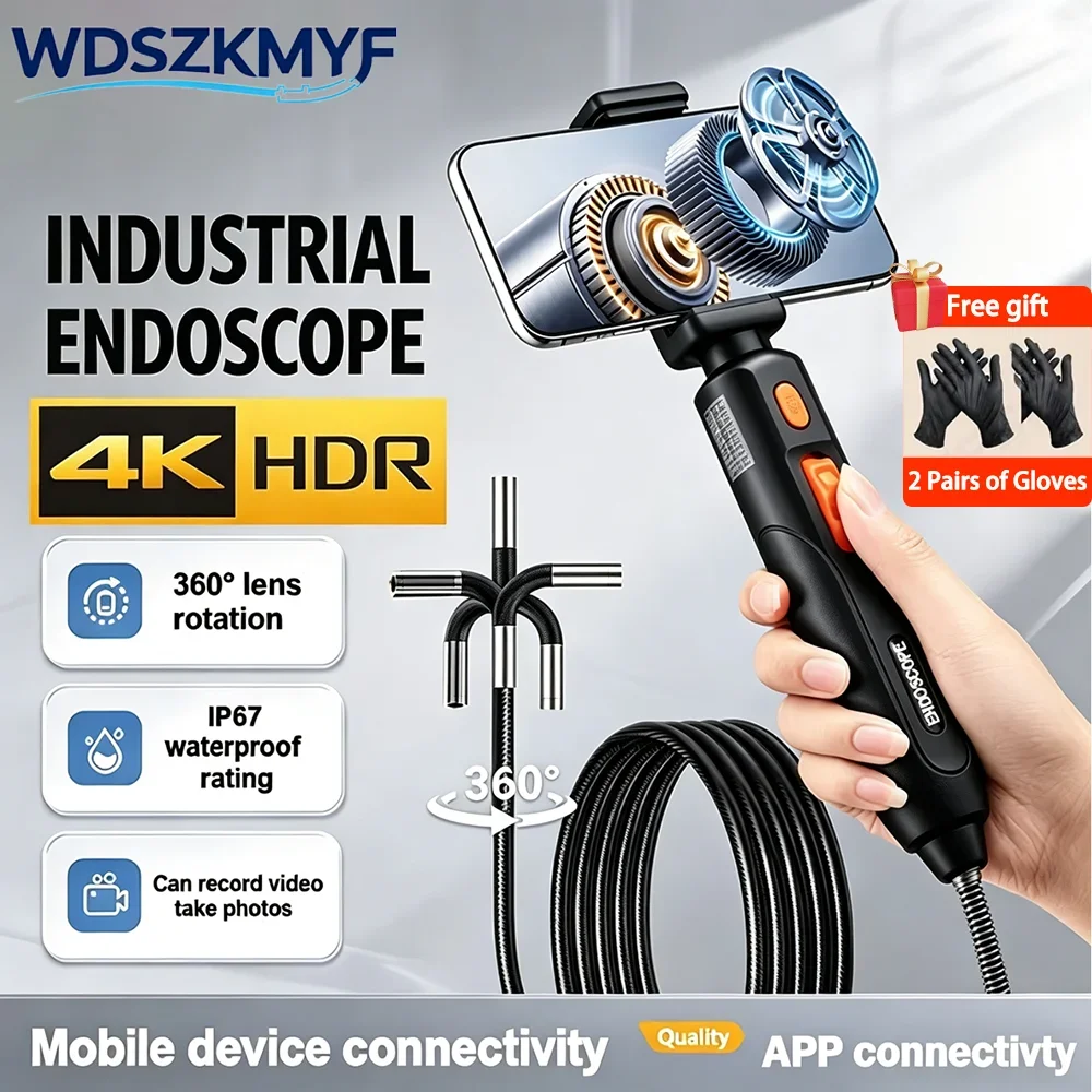 4K UHD Two Way Articulating Borescope Steering Inspection Camera Adjustable LED Light IP67 Waterproof For Android iOS