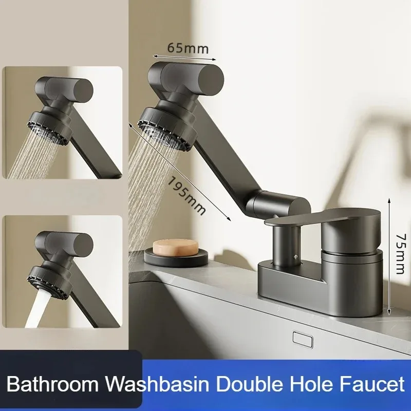 

2 Modes Nozzle Bathroom Basin Faucets Gray/silver Double Hole Deck Mounted Hot and Cold Tap Household Rotation Mixer Faucet