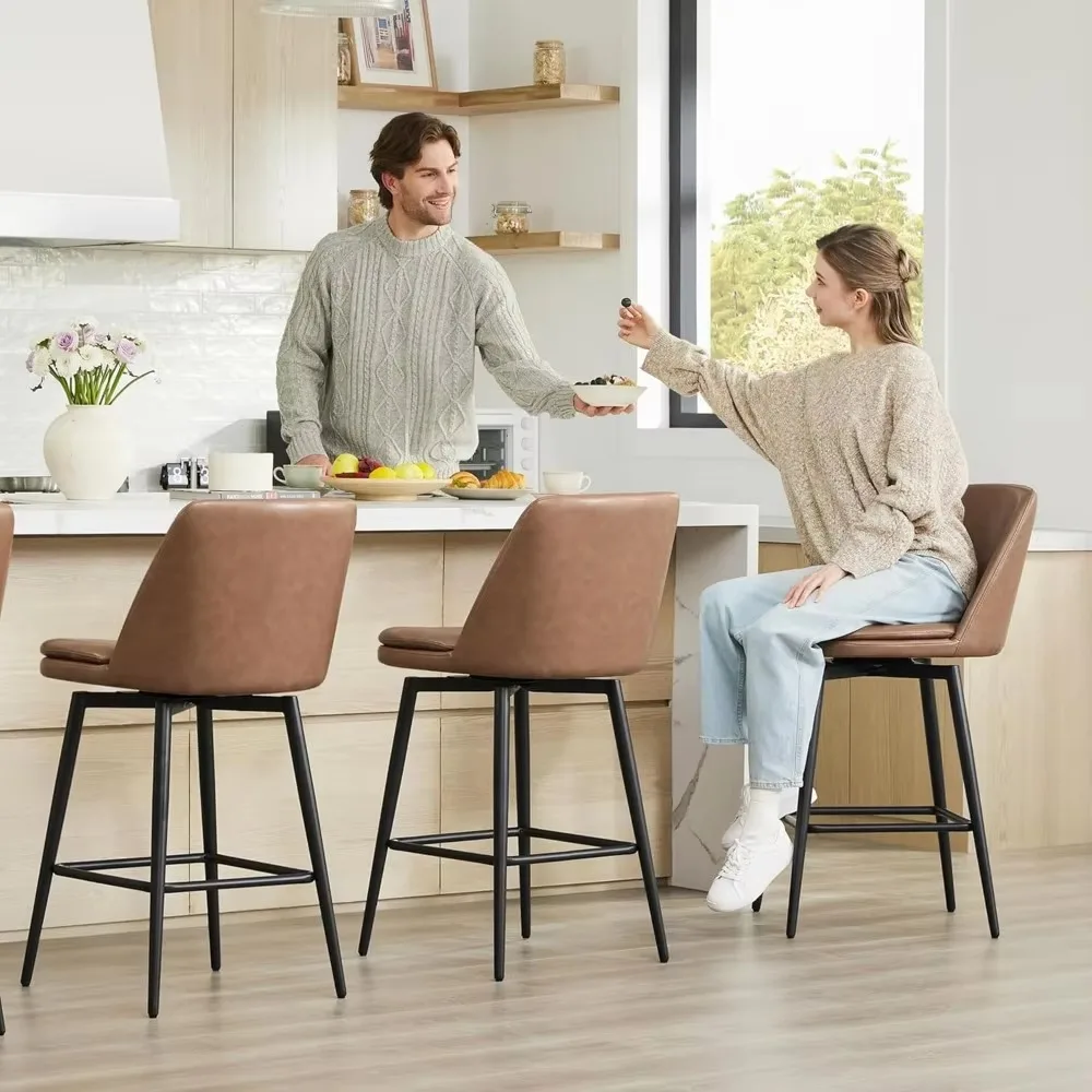 

FSC Certified Upholstered Faux Leather Bar Stools Set of 3, Metal Base, 27.2" Seat Height, Saddle Brown Bar Stools