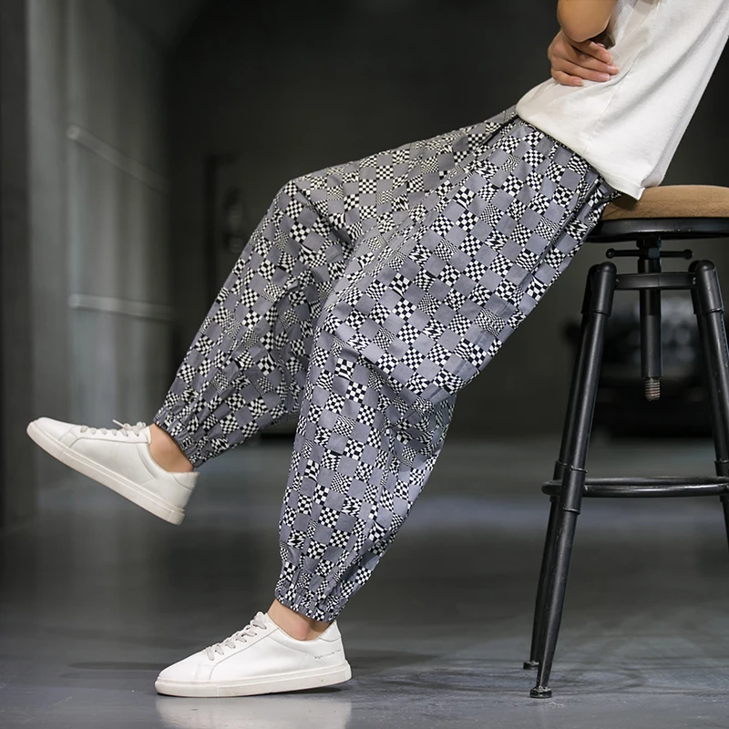 Chinese Style Ice Cotton Casual Pants Men Summer Breathable Thin Section Harem Pants Comfortable Loose Plaid Pants