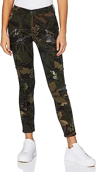 sequin printed military green jeans