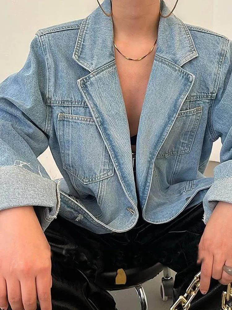 Anzug-Stil, Fransen, Retro-Jeans, gewaschen, blau, Distressed-Denim, lockere Jacke, mittellange Jacke im amerikanischen Stil, trendiges Damen-Top