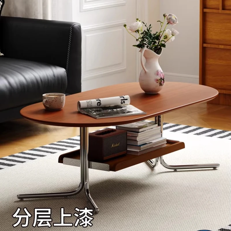 Simple Elliptical Double Layered Tea Table, Low Table，Nordic Solid Wood Stainless Steel Small Unit, Antique Style Tea Table
