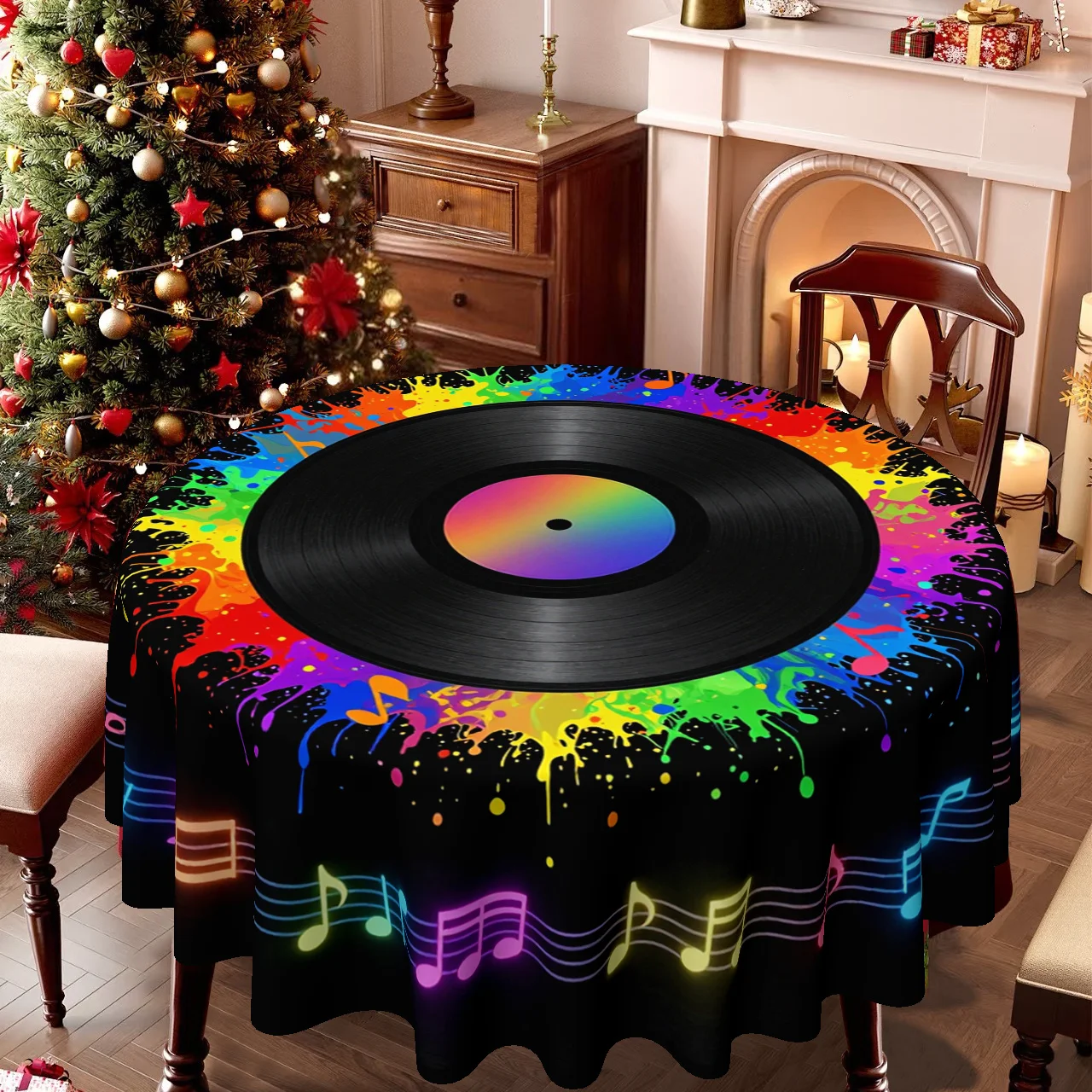 2D flat printing, one tablecloth, colored vinyl records and musical symbol patterns.xzj