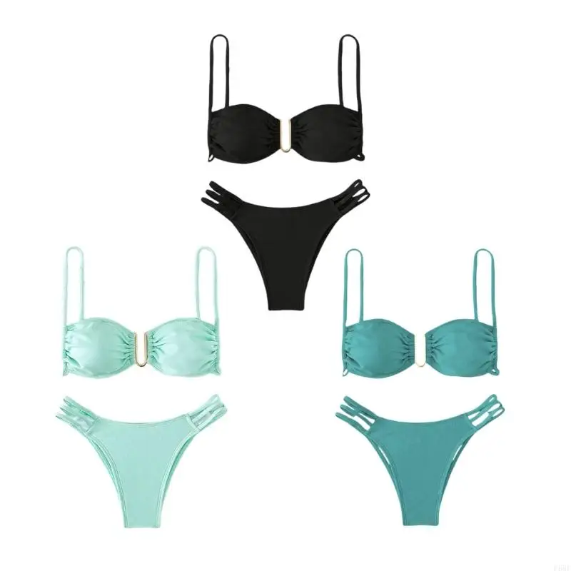 

F68F Women High Cut Bikinis Set Sexy Swimwear Small Chest Solid Color Bathing Suit High Waist Swimsuit