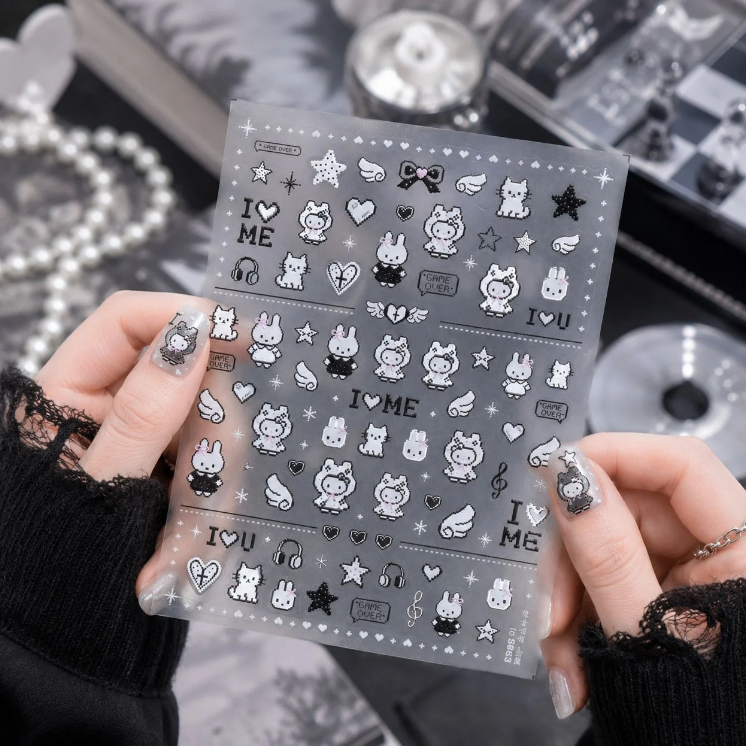 Black White Cartoon Rabbit Cat Star Stereo Pixel 5D Nail Art