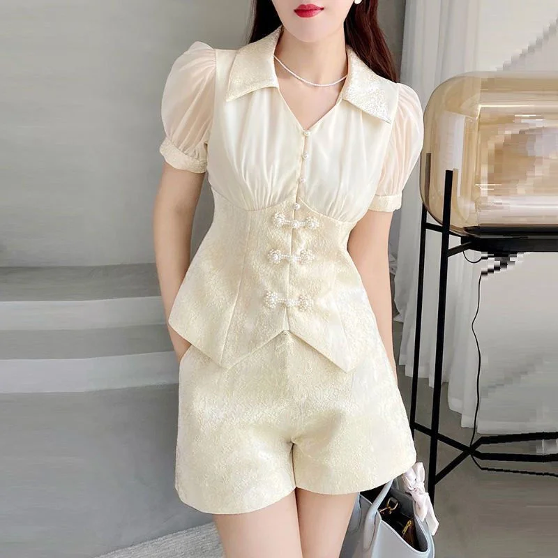 

Suit Design Sense Of Minority Apricot Puff Sleeve Shorts Suit Female Summer Light Luxury Temperament Celebrity Two Piece Sets