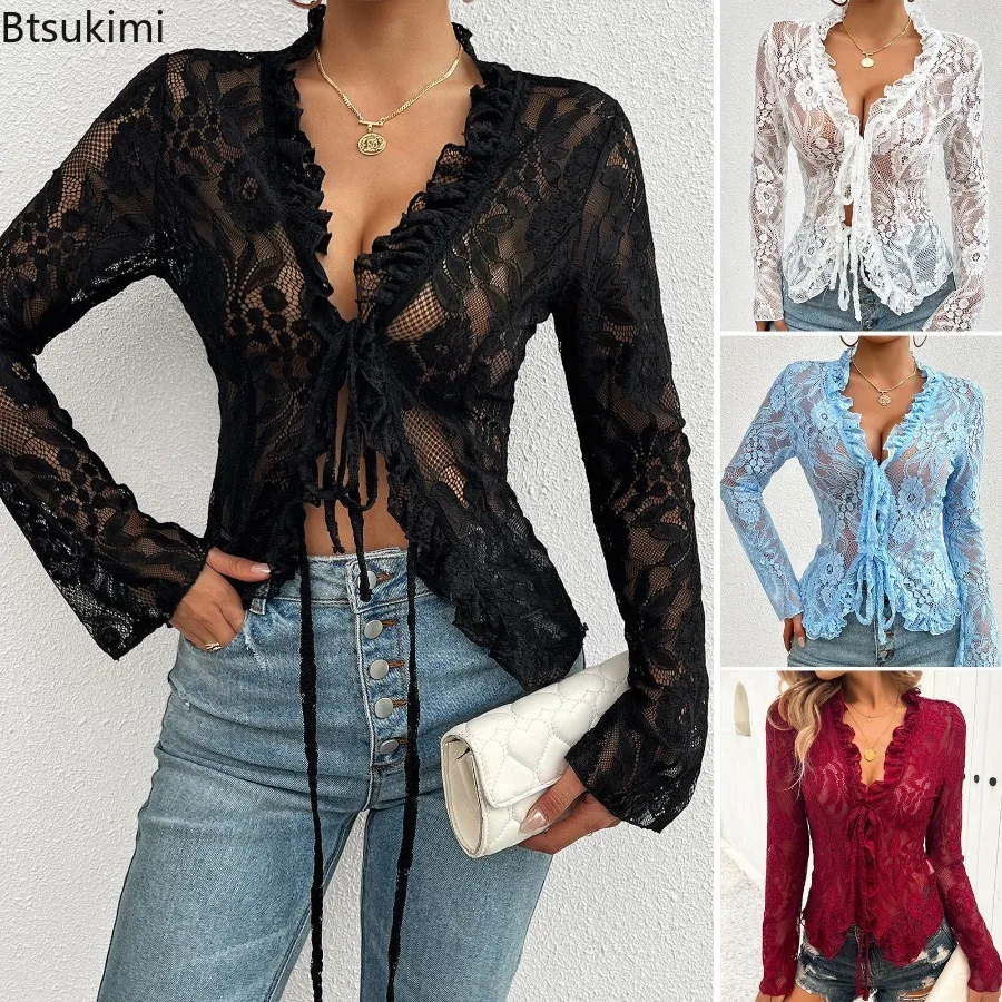 

Новые женские сексуальные ажурные кардиганы с V-образным вырезом и длинными рукавами, модные повседневные топы в стиле Y2K, уличная одежда для весны и лета, клубная одежда для вечеринок