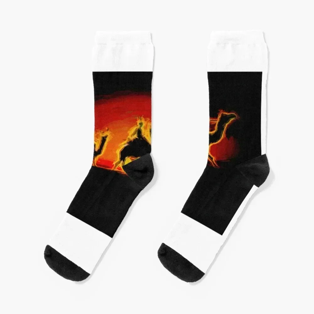

painting. Camels silhouettes in the sand dunes in the desert at sunset Socks shoes crazy aesthetic Socks Male Women's